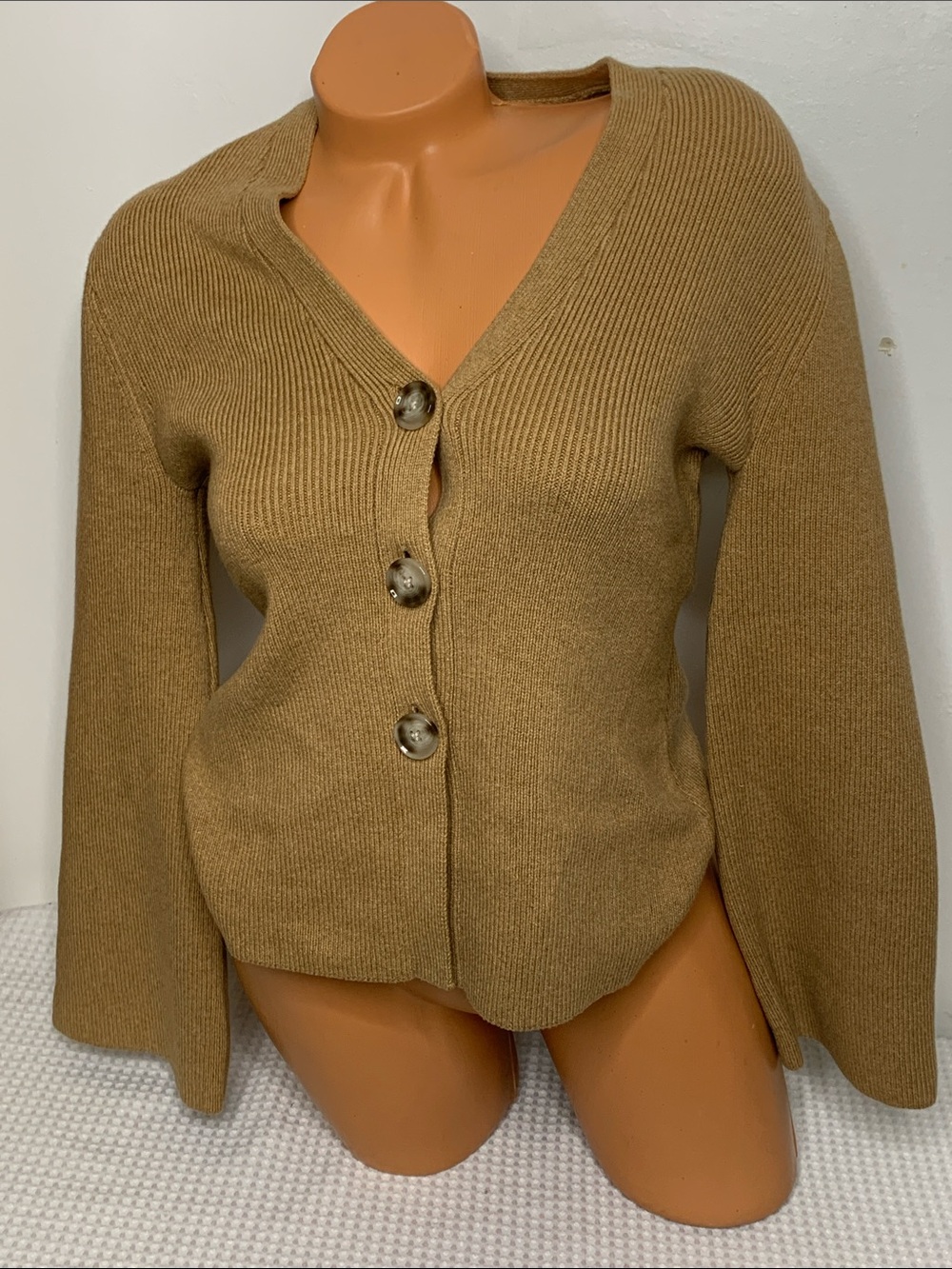 NEW LOFT Cotton Camel Button-Front V-Neck Bell sleeve ribbed Cardigan Xs preppy